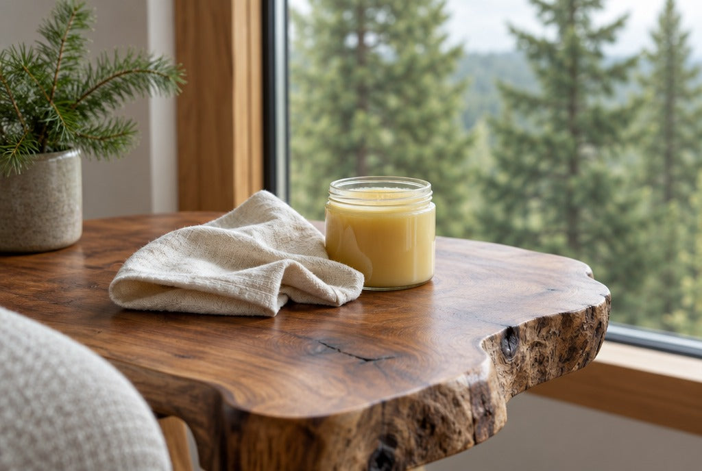A soft cloth and a jar of furniture wax on a live-edge solid wood side table by a window with green pine trees outside