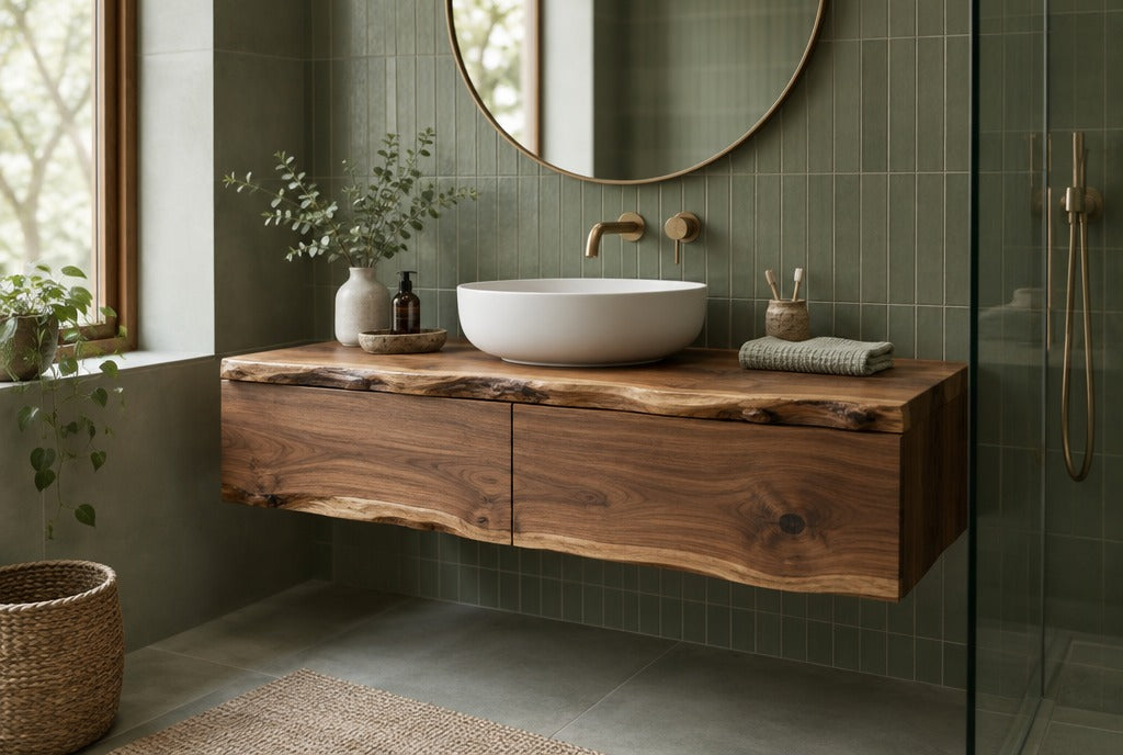 A live-edge solid wood floating bathroom vanity with drawers and a white vessel sink under a round mirror in a calm green-tiled bathroom