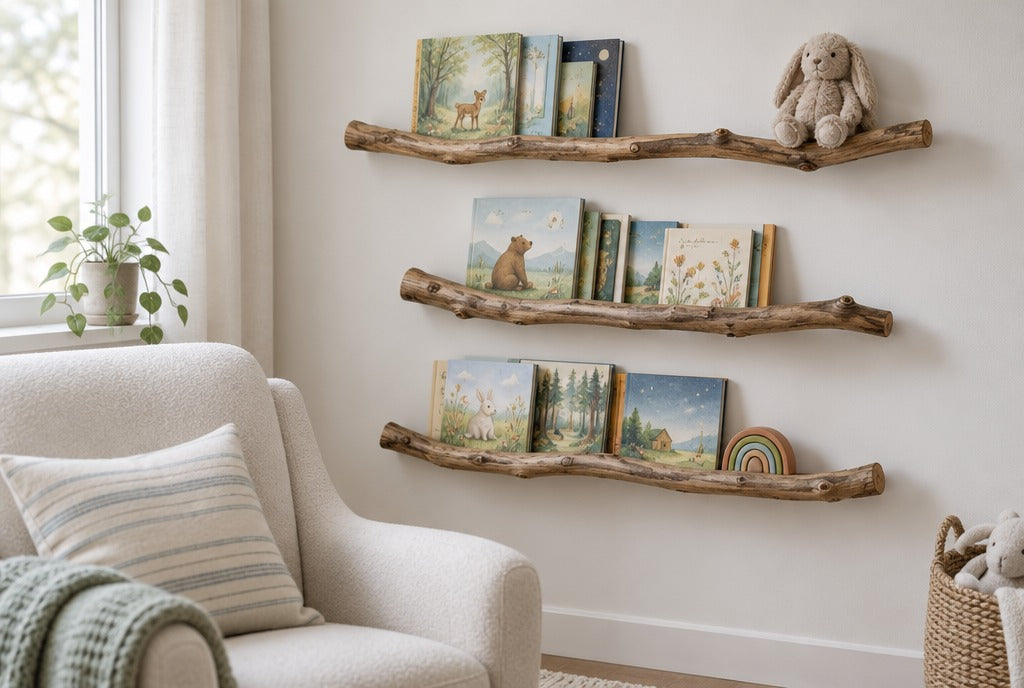 Rustic solid wood tree branch floating shelves holding picture books and a plush toy on a soft white nursery wall above a reading chair