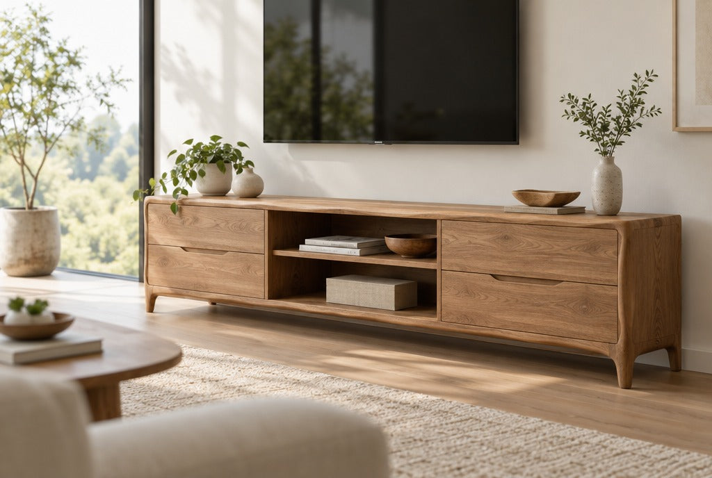 A modern organic solid wood TV console with drawers and open shelves under a wall-mounted TV in a bright living room