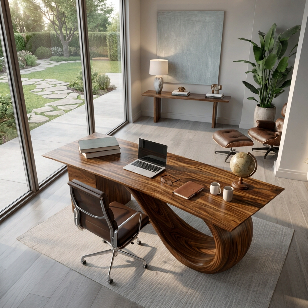 Modern Wooden Desk With Curved Base For Office
