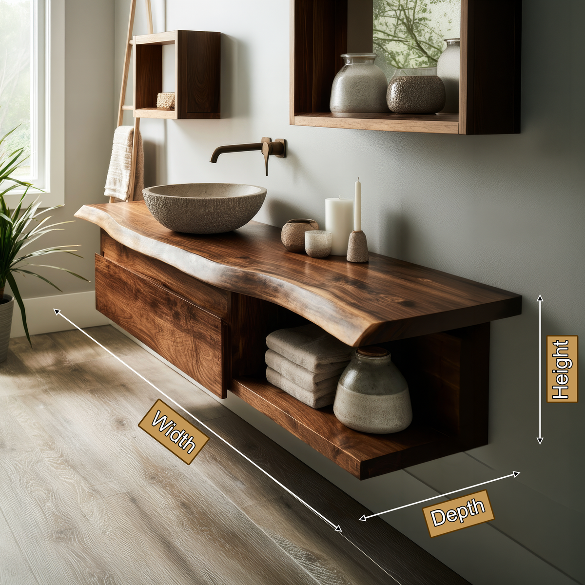 Aurelion Live Edge Solid Wood Floating Bathroom Vanity With Drawers