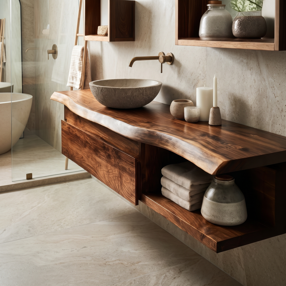Aurelion Live Edge Solid Wood Floating Bathroom Vanity With Drawers