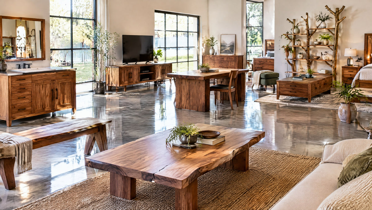 Inside a bright furniture showroom with newly built solid wood vanities, consoles, tables and shelves