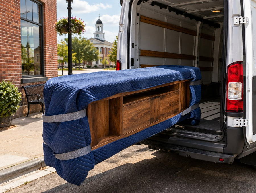 A blanket-wrapped solid wood TV console loaded into a delivery van in a small Georgia town